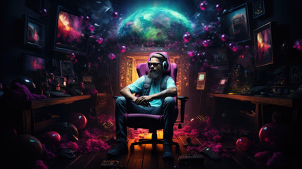 Fototapeta na wymiar a gamer's room with computers and monitors and neon lights and a gamer is sitting on his chair