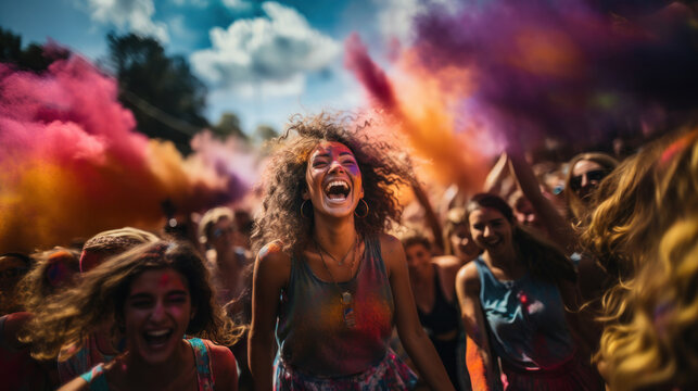 People take part in the Color Run in Milan. Color Run is an annual event that takes place in Milan.