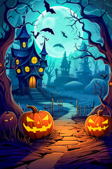 Fototapeta premium Horror halloween concept. Imaginative moody whimsical cartoon gothic night landscape. Spooky trees, blue moonlight, castle, bats and pumpkins. Creepy fantasy wonderland illustration. AI generated.