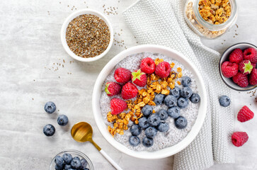 Healthy Chia Pudding Bowl with Granola and Fresh Berries