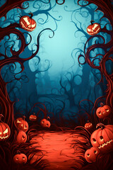 Horror halloween concept. Imaginative moody whimsical cartoon gothic night landscape. Spooky trees, blue moonlight and orange glowing pumpkins. Creepy fantasy wonderland illustration. AI generated.