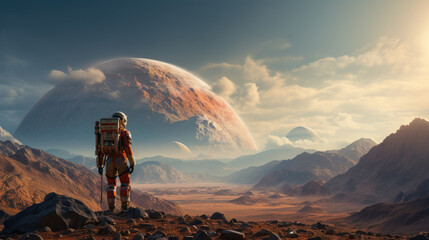 an astronaut on a red planet like mars - obrazy, fototapety, plakaty