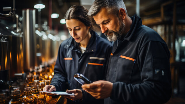 Two factory workers checking quality of beer at brewery factory. They are using a digital tablet.