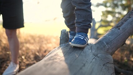 baby child play in the nature park. close-up kid feet walking on a fallen tree log. happy family...