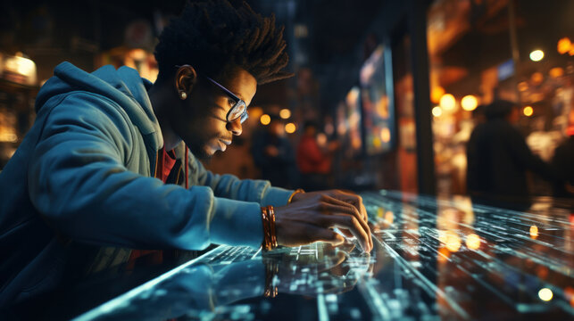 Project manager and computer science african american engineer using big touch screen display.