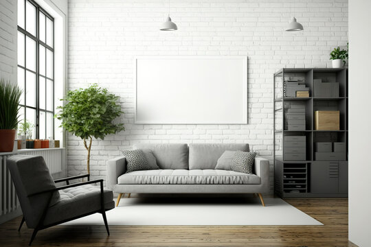 A white brick wall living room has a gray sofa, poufs, a vertical poster, and a TV mounted over a bookcase. mockup. Generative AI