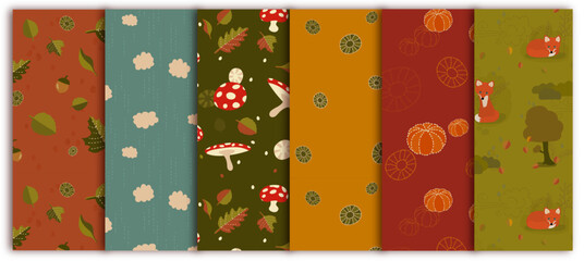 Set of lovely Dutch autumn seamless vector patterns containing leaves, foxes, wind, rain, pumpkins, and forrest items like mushrooms