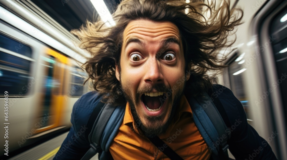 Poster a man with a backpack on a subway platform. generative ai image.
