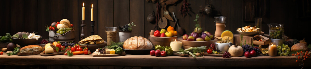 Feast Served, A Rustic Table Spread for Thanksgiving or Christmas in Ultra-High Resolution Panorama