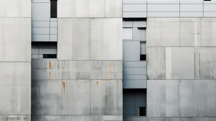 Cold grey concrete facade, characterless modern urban architecture, brutalist minimalism, lifeless design, tiny windows, orange rust stains - generative ai 