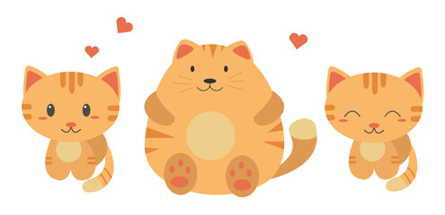 Vector set of cute orange tabby cat characters isolated on white background. Fat kitty in flat style