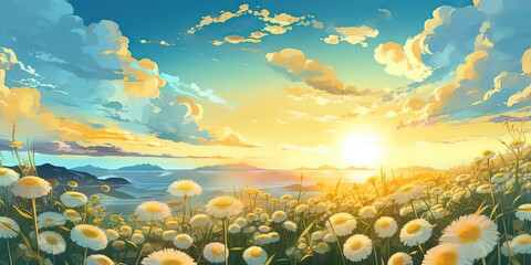 painting style illustration of flower meadow landscape at sunset time, Generative Ai