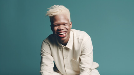 Joyful albino man posing agaisnt green background. Generative AI