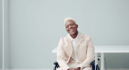 Happy Afro albino man in wheelchair posing in a office agaisnt white wall. Generative AI
