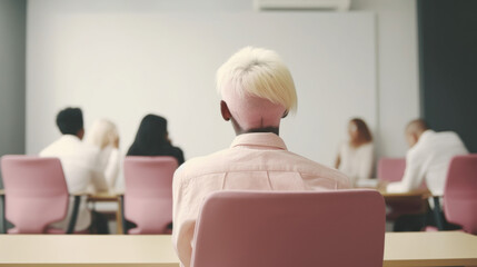 Rear view of an Afro albino man in wheelchair alongside colleagues. Generative AI
