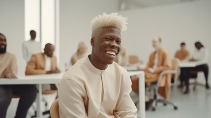 A workplace with a cheerful man in a wheelchair. Generative AI