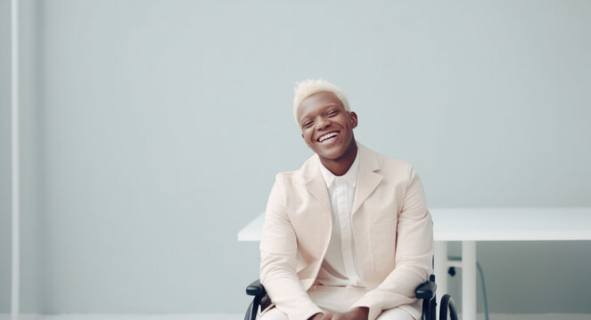 Happy Afro albino man in wheelchair posing in a office agaisnt white wall. Generative AI