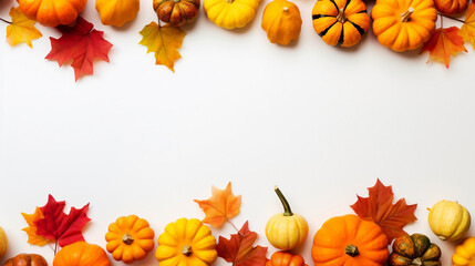 Autumn Bounty, Vibrant Maple Leaves and Pumpkins in a White Background, Flat Lay