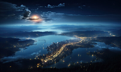Urban landscape, night city view from above.