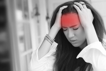 portrait of stressed sick woman with headache; ill woman suffers from vertigo, dizziness, migraine,...