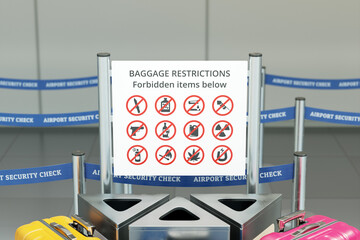 A sign displaying prohibited items at an airport security checkpoint. Luggage
