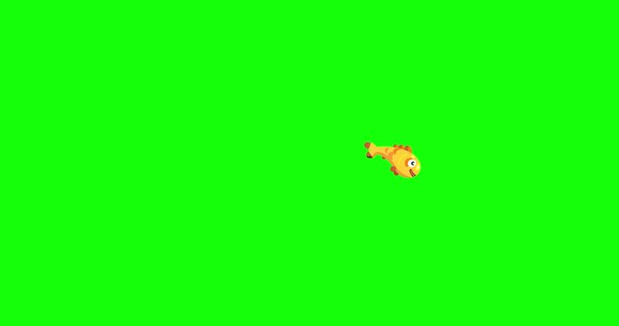 Fish yellow golden jumping in the water cartoon animation green screen. Cute water character animal swimming seamles loop isolated.