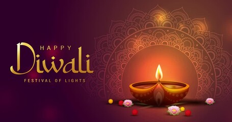 Diwali Footage Video with Diya Lamps Burning and Bokeh Lights. 4K Quality