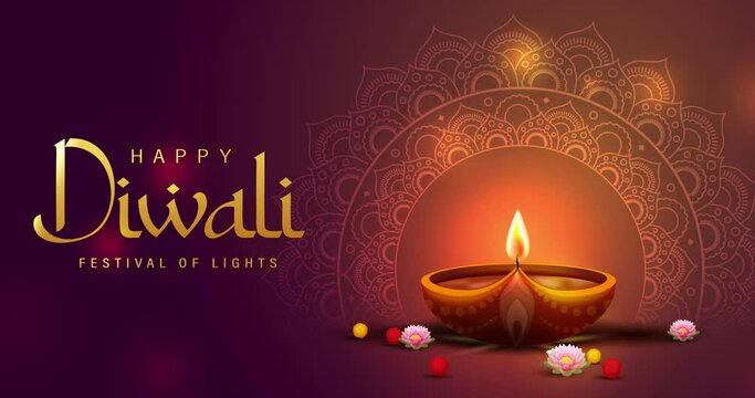 Diwali Footage Video with Diya Lamps Burning and Bokeh Lights. 4K Quality