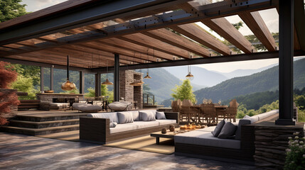 Fototapeta na wymiar Modern Pergola and Sunroom on Mountain House Patio. 3d renderinf