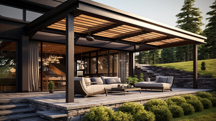 Modern Pergola and Sunroom on Mountain House Patio. 3d renderinf