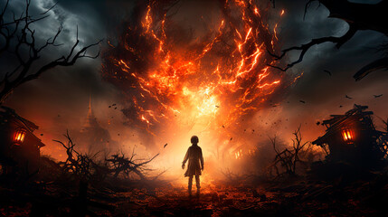 A child standing alone in a field of fire and destruction 