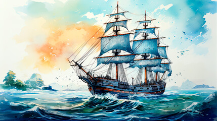 Watercolor of a large sailing ship on the ocean