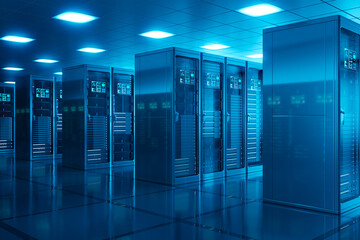 Countless modern server cabinets in a render farm. Dark, blue futuristic room.