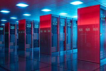 Countless modern server cabinets in a render farm. Red light error warning. - obrazy, fototapety, plakaty