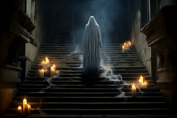 Ghostly silhouette of a woman in a white veil on the stairs of an ancient palace, generative ai