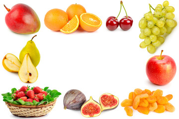Fruit isolated on white . Collage. Free space for text.