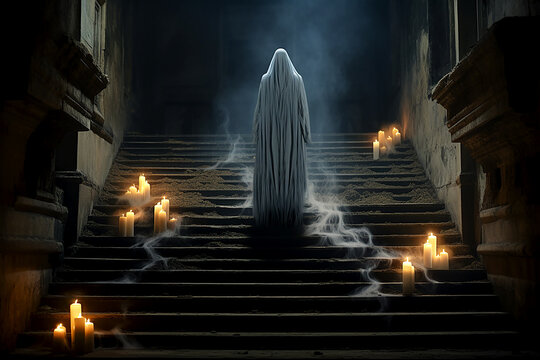 Ghostly silhouette of a woman in a white veil on the stairs of an ancient palace, generative ai