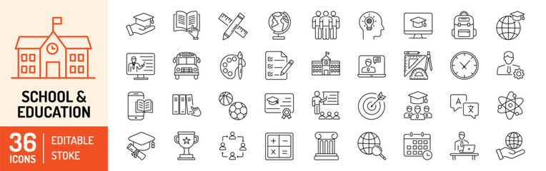 School and Education editable stroke outline Icons set. School, education, book, teacher, eLearning, history, school bus, diploma and geometry. Vector illustration