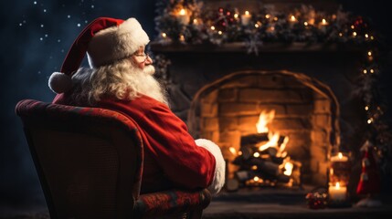Santa Claus sitting in a cozy chair beside a crackling fireplace © Evgeny Karandaev