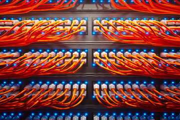 Countless orange cables in a metal server cabinet lit by a single spotlight.