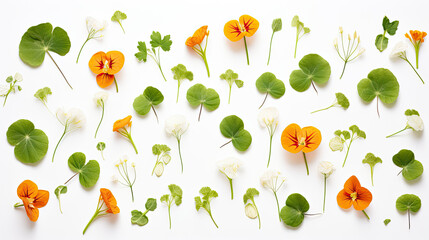 Nasturtium flowers and leaves pattern on white background, floral flat lay  - obrazy, fototapety, plakaty