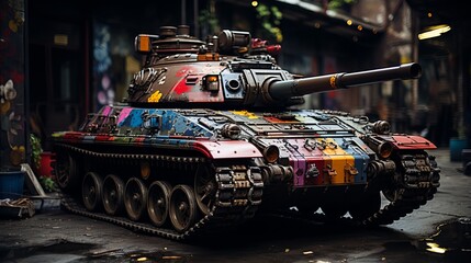 Military tank painted with bright graffiti paint Generative AI - obrazy, fototapety, plakaty