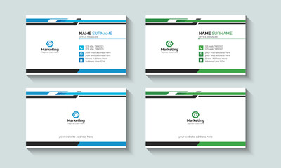 Abstract and Creative Professional Business card or Visiting Card Layout template design. Identity, Contact, Branding, Blue, Green.