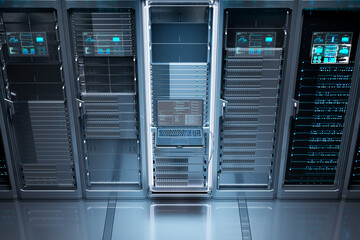 Main control computer managing network database code in a dark lit server farm.