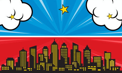 pop art comic background with city silhouette and cloud illustration. flat comic style background