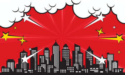 pop art comic background with city silhouette and cloud illustration. flat comic style background © zuriya