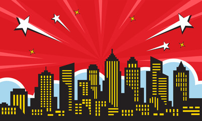 pop art comic background with city silhouette and cloud illustration. flat comic style background © zuriya