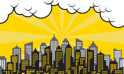 Fototapeta premium pop art comic background with city silhouette and cloud illustration. flat comic style background