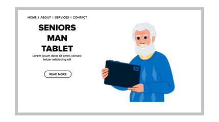 reading seniors man tablet vector. senior business, home happy, eyeglasses men reading seniors man tablet web flat cartoon illustration