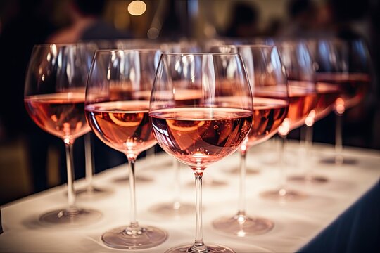 Glasses of rose wine on table at wedding reception, closeup. Generative AI